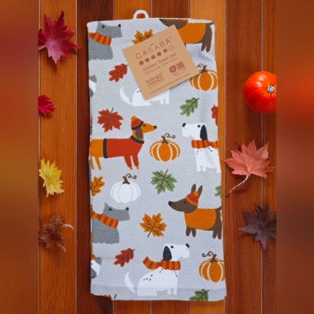 Casaba Dachshund Weiner Dog Kitchen Towel Set Fall Autumn Schnauzer